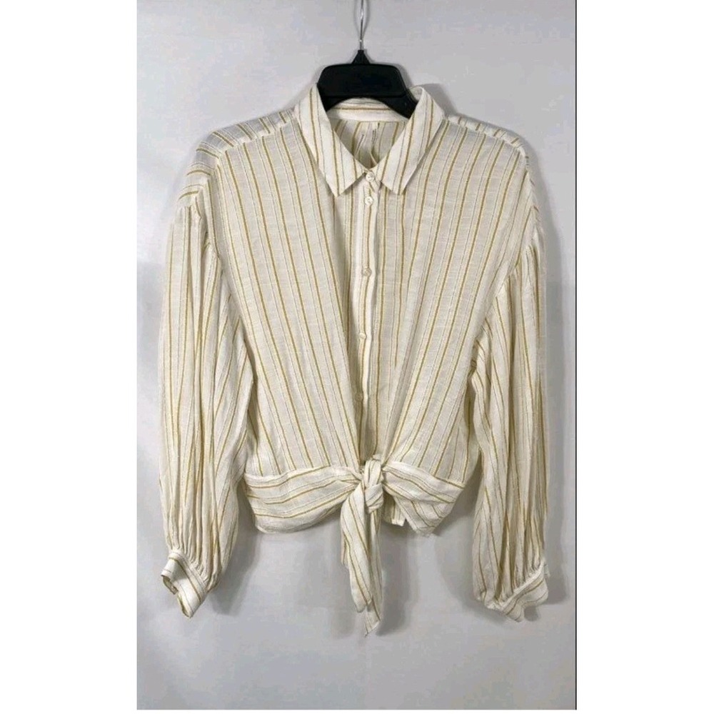 By Anthropologie Blouse Womens Sz 10 Striped Button Up Tie Waist Balloon Sleeve